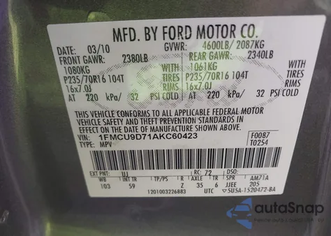 2010 Ford Escape Xlt из США, поврежденный, VIN 1FMCU9D71AKC60423